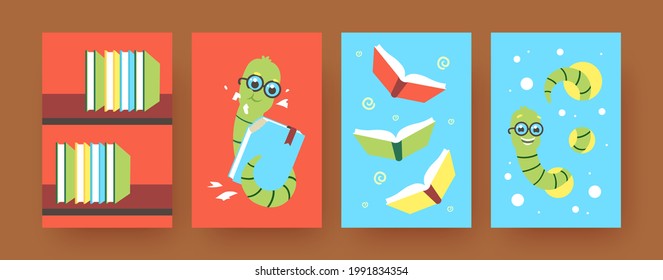 Set of contemporary art posters with cute worms and books. Vector illustration. .Colorful collection of insects in glasses reading books in colored background. Animal, insect, literature concept