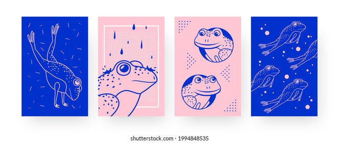 Set of contemporary art posters with cute frogs. Amphibian jumping and swimming vector illustrations in creative style. Zoology, nature concept for designs, social media, postcards, invitation cards