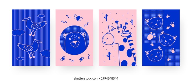 Set contemporary art posters and cute animals  Bear  giraffe  cat  exotic bird vector illustrations in creative style  Zoo  nature concept for designs  social media  postcards  invitation cards