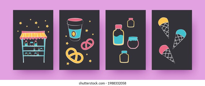 Set von modernen Kunstplakaten mit verschiedenen Desserts. Kaffeetasse, Eistöpfe, Dudelsack, Vektorgrafiken, schwarzer Hintergrund. Bäckereikonzept für Designs, soziale Medien, Postkarten