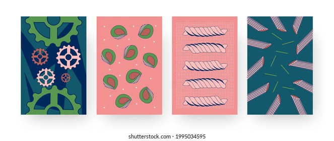 Set of contemporary art posters with different types of pasta. Vector illustration. .Collection of abstract Italian noodles and macaroni in flat colorful design. Food, restaurant, menu, cuisine