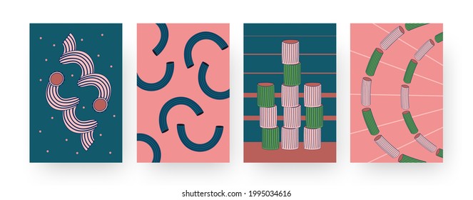 Set of contemporary art posters with different pasta patterns. Vector illustration. .Collection of abstract Italian noodles and macaroni in flat colorful design. Food, restaurant, menu, cuisine