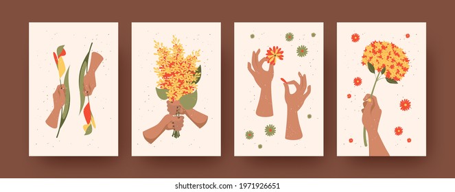 Set of contemporary art posters with flowers and hands. Vector illustration. .Hands of florists holding bunches of flowers. Floral decor, nature, flower, floristry concept for banner, postcards design