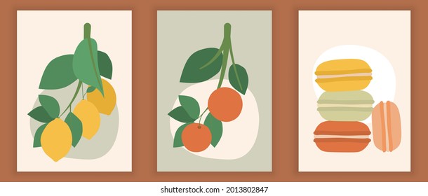 Set of contemporary art posters with fruits in pastel colors. Abstract elements, leaves and fruits, macaroons, oranges. Design for social media, postcards, print. Flat cartoon vector illustration - Shutterstock ID 2013802847