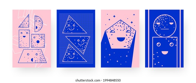 Set of contemporary art posters with geometric characters. Cute circle, square, triangle figures for kids vector illustrations in creative style. Geometry concept for designs, social media, postcards