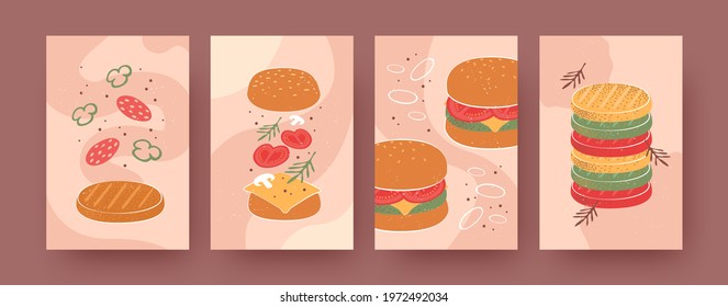 Set of contemporary art posters with hamburger ingredients. Burgers, patties, vegetables vector illustrations in pastel colors. Fast food for menu designs, social media, postcards, invitation cards