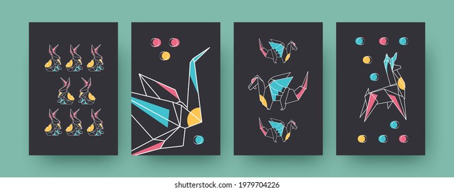 Set of contemporary art posters with hares and dragons. Paper animals, crane, llama vector illustrations in pastel colors. Origami, hobby concept for designs, social media, postcards, invitation cards