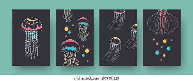 Set of contemporary art posters with jellyfish. Medusas and tentacles vector illustrations in pastel colors. Marine fauna, wildlife concept for designs, social media, postcards, invitation cards