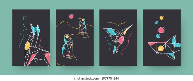 Set of contemporary art posters with llama and shark. Paper hummingbird, penguins vector illustrations in pastel colors. Origami, hobby concept for designs, social media, postcards, invitation cards