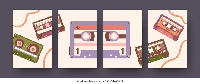 Set of contemporary art posters with low noise tapes. Vector illustration. .Collection of stereo cassettes with different compositions. Music, audio, vintage, sound concept for social media design