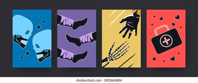 Set of contemporary art posters with medical treatment theme. Vector illustration. Collection of colored X-ray shots of human skull and hands, bandaged legs, first aid kit. Medicine, treatment concept