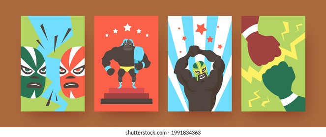 Set of contemporary art posters with Mexican wrestlers. Vector illustration. .Colorful collection of angry wrestlers in colorful suits during fight in bright background. Fight, wrestling, sport