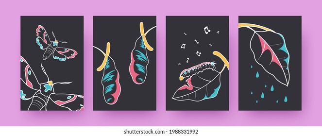 Set of contemporary art posters with moth life cycle. Cocoons, caterpillar, adult moths vector illustrations, black background. Insects, nature concept for designs, social media, postcards