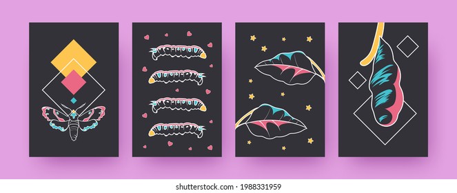 Set of contemporary art posters with moths and caterpillars. Leaves, cocoon, hearts, stars vector illustrations, black background. Insects, nature concept for designs, social media, postcards