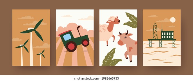 Set of contemporary art posters with natural resources. Animals, wind energy, soil, land cartoon vector illustrations. Nature, ecology concept for designs, social media, postcards, invitation cards