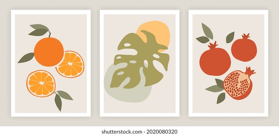 Set of contemporary art posters on pastel background. Abstract floral elements and strokes, leaves and fruits, oranges. Template for social media, postcards, print. Flat cartoon vector illustration