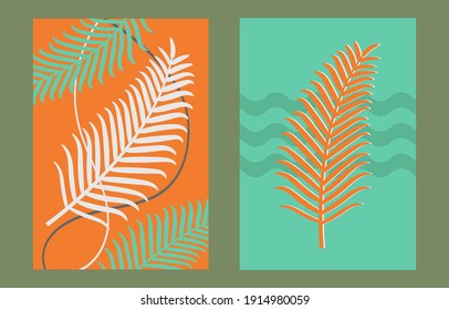 Set of contemporary art posters  with palm branch. Great design for social media, postcards, print, wall decoration, background template, brochure cover. Organic. Exotic, tropical theme. Palm pattern.