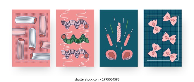 Set of contemporary art posters with pasta compositions. Vector illustration. .Collection of abstract Italian noodles and macaroni in flat colorful design. Food, restaurant, menu, cuisine concept