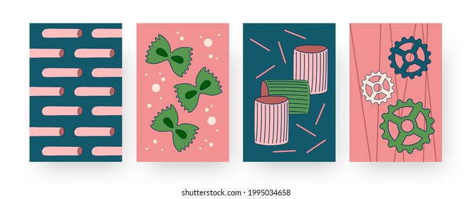 Set of contemporary art posters with pasta types. Vector illustration. .Collection of abstract Italian noodles and macaroni in flat colorful design. Food, restaurant, menu, Italia, cuisine concept