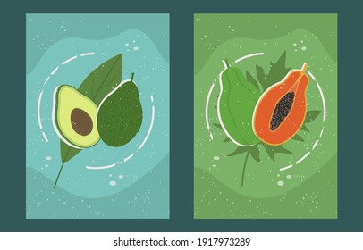 Set of contemporary art posters in pastel colors with papaya and avocado. Design for social media, postcards, print, wall decoration, background template, brochure cover. Tropical. Isolated. Fruits