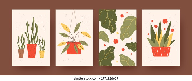 Set of contemporary art posters with plants composition. Vector illustration. .Collection of plants and flowers in colorful pots. Nature, plant, home interior concept for social media, postcards