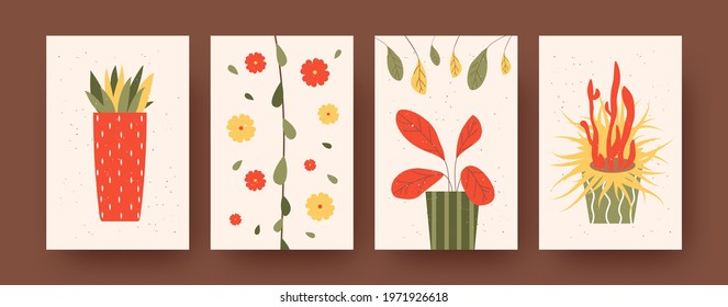 Set of contemporary art posters with potted plants. Vector illustration. .Collection of colorful plants in floral pots. Nature, plant, home interior concept for social media, postcards design