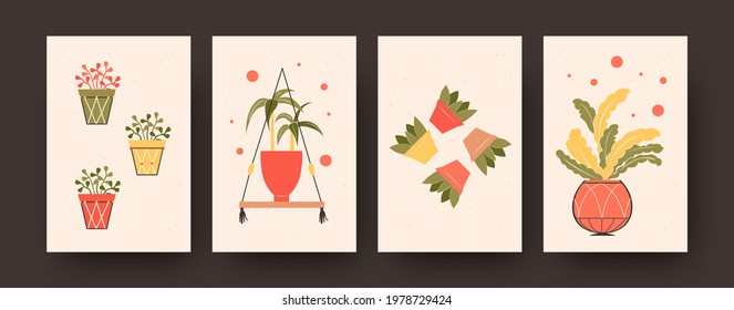 Set of contemporary art posters with potted aloe vera. Flowers in pots vector illustrations in pastel colors. Houseplants concept for kitchen or living room designs, social media, postcards