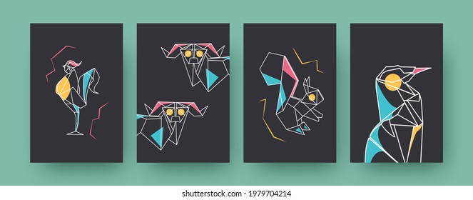 Afiches de arte contemporáneo con rema y ardilla. Animales pasteles, gallos, ilustraciones de vectores pingüinos pastel. Origami, concepto de hobby para diseños, medios sociales, postales, tarjetas de invitación