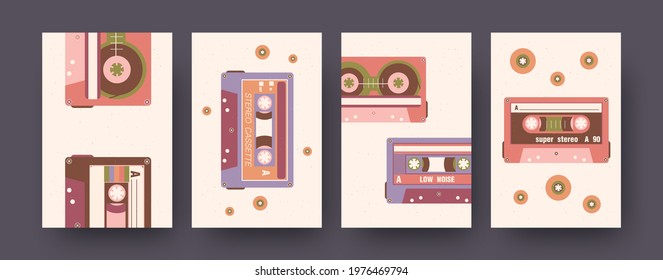 Set of contemporary art posters with retro tapes. Vector illustration. .Collection of stereo cassettes with different compositions. Music, audio, vintage, sound concept for social media design