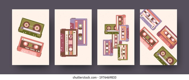 Set of contemporary art posters of retro super stereo cassettes. Vector illustration. .Collection of stereo cassettes with different compositions. Music, audio, vintage, sound concept for media design