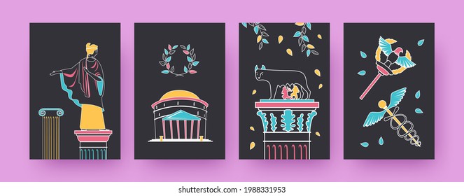 Set of contemporary art posters with Roman empire symbols. Pantheon, Capitoline wolf vector illustrations, black background. Ancient Rome concept for designs, social media, postcards