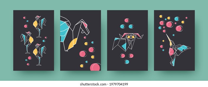 Set of contemporary art posters with roosters and ram. Paper animals, dragon, hummingbird vector pastel illustrations. Origami, hobby concept for designs, social media, postcards, invitation cards