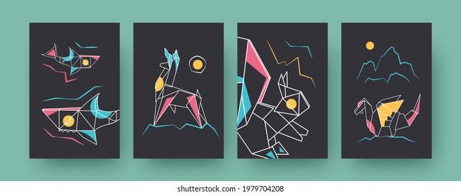 Set of contemporary art posters with sharks and dragon. Paper llama, squirrel vector illustrations in pastel colors. Origami, hobby concept for designs, social media, postcards, invitation cards