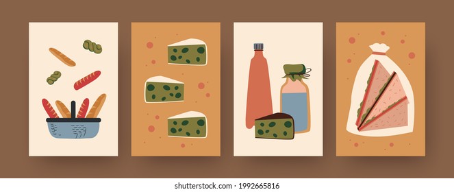 Set of contemporary art posters with snacks and drinks. Hamper with bread, cheese, sandwich cartoon vector illustrations. Picnic, summer concept for designs, social media, postcards, invitation cards