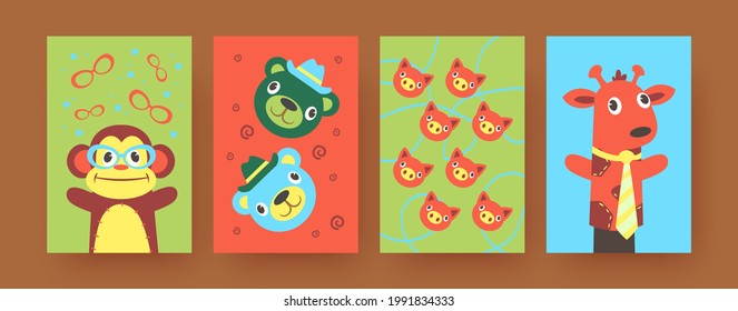 Set of contemporary art posters with soft hand sock toys. Vector illustration. .Bright hand sock toys in form of cute monkey, pig, bear, giraffe in colorful background. Puppet show, toy theater