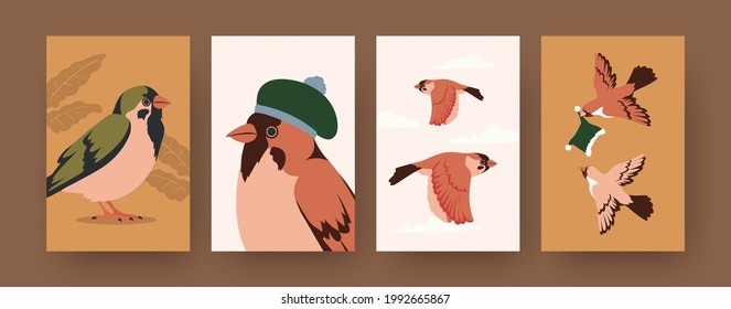 Set of contemporary art posters with sparrows and winter caps. Bird wearing hat cartoon vector illustrations. Fashion, winter, nature concept for designs, social media, postcards, invitation cards