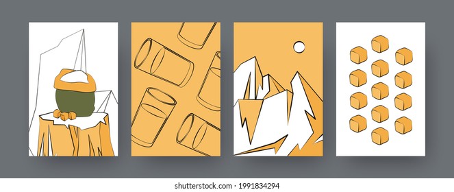 Set of contemporary art posters with sugar cane cubes and juice. Sack of sugarcane, glasses cartoon vector illustrations. Agriculture, nature concept for designs, social media, postcards