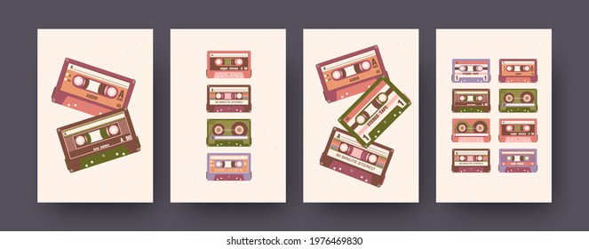 Set of contemporary art posters with super stereo cassettes. Vector illustration. .Collection of stereo cassettes with different compositions. Music, audio, vintage, sound concept for social media