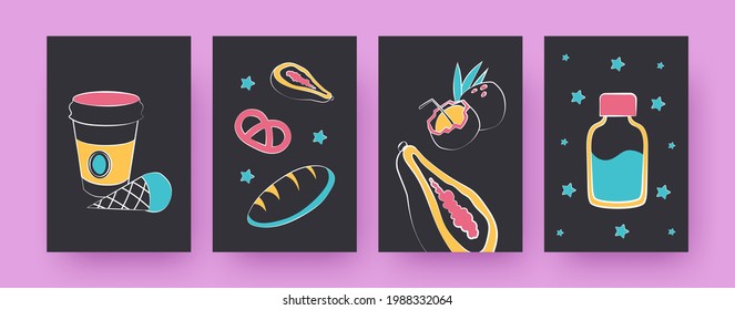 Set of contemporary art posters with sweet treats. Coffee cup, ice cream, bread vector illustrations, black background. Bakery, delivery concept for designs, social media, postcards, invitation cards