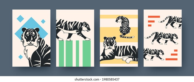 Set of contemporary art posters with tiger silhouettes. Vector illustration. .Collection of african feline predators in colorful background. Africa, animal, wildlife, cat, jungle concept for design