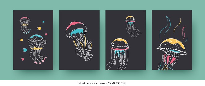 Set of contemporary art posters with various jellyfishes. Colorful medusas swimming pastel vector illustrations. Marine fauna, aquarium concept for designs, social media, postcards, invitation cards