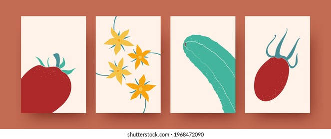 Set of contemporary art posters with vegetable and floral shapes. Vector illustration. Collection of natural elements in pastel colors. Nature, vegetable, flower concept for social media design