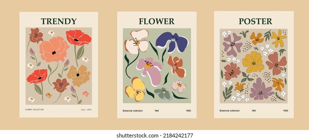 Set of contemporary art prints with abstract flowers. Flower market concept. Collection of backgrounds for wall art, prints, covers, cards. Cartoon flat vector art illustration.