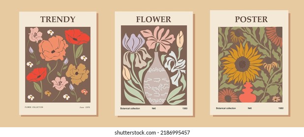 Set of contemporary art prints with abstract flowers. Flower market concept. Collection of backgrounds for wall art, prints, covers, cards. Cartoon flat vector art illustration.