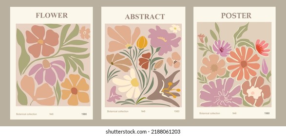 Set of contemporary art prints with abstract flowers. Flower market concept. Collection of backgrounds for wall art, prints, covers, cards. Cartoon flat vector art illustration.