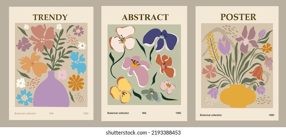 Set of contemporary art prints with abstract flowers. Flower market concept. Collection of backgrounds for wall art, prints, covers, cards. Cartoon flat vector art