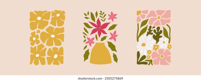 Set of contemporary art prints with abstract flowers. Flower market concept. Collection of floral backgrounds for wall art, prints, covers, and cards. Cartoon flat vector art illustration.