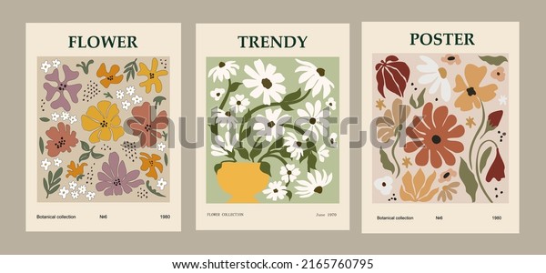 Set of\
contemporary art prints with abstract flowers. Flower market\
concept. Collection of backgrounds  for wall art, prints, covers,\
cards. Cartoon flat vector art\
illustration.
