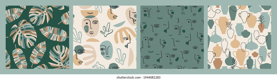 Set of contemporary art seamless patterns. Line art. Modern design for paper, cover, fabric, interior decor and other use.