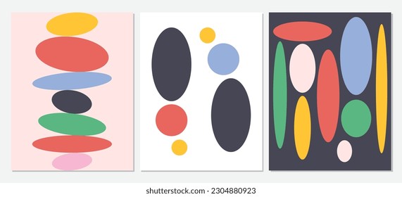Set of contemporary art wall decoration with circle shapes pattern. Retro geometric shapes cover background. Trendy design vector illustration for cover, banner, print, interior, fabric